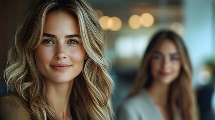 Obraz premium Two confident businesswomen walking together in an office environment, smiling and exchanging ideas, their professional rapport clear as they discuss future projects.
