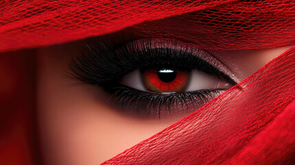A close-up of a mysterious eye with red iris partially covered by vibrant red fabric, evoking intrigue and intensity.
