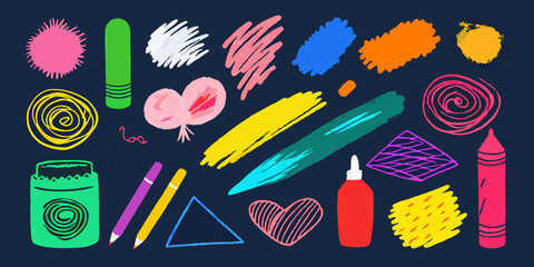 Crayon doodle scribble set, vector brush stroke chalk lines marks kit, color pencil texture mess. Children hand drawn sketch kit kid marker scratch grunge graphic decor. Pen doodle scribble collection