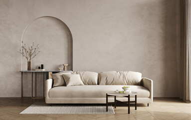 Stylish living room in warm natural colors. Brown beige walls, light lounge furniture -sofa, table and arch. Empty background microcement. Mockup room office reception. 3d rendering © Liliia