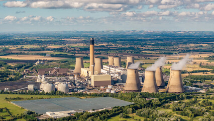Drax Power Station North Yorkshire. Renewable Electricity production and carbon capture. Large power station in the UK aerial view on a sunny day. Green energy production