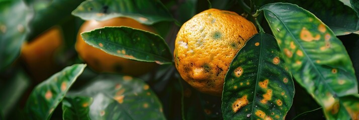 Citrus leaves displaying lesions caused by bacterial or fungal infection