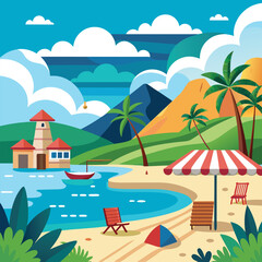 a cartoon illustration of a beach scene with a beach scene