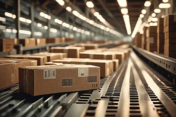 Automated Warehouse with Shipping Boxes on Conveyor Belt