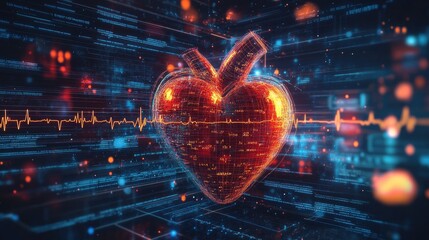 Obraz premium A 3D-rendered heart surrounded by medical data and ECG lines, representing cardiovascular health and diagnostics.