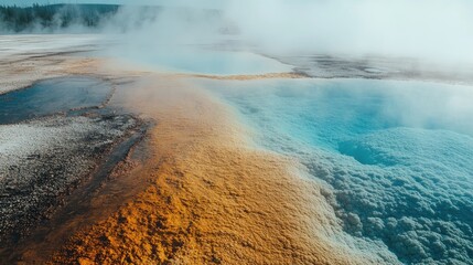 A close-up of a Yellowstone hot spring, with its colorful mineral deposits and steaming water creating a surreal scene.