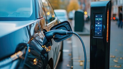 A close-up of an electric car charging station, with the vehicle plugged in and digital readouts showing charging progress.