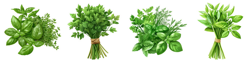 Obraz premium Freshly harvested green herb bundles arranged beautifully, showcasing vibrant colors and textures, perfect for culinary use.