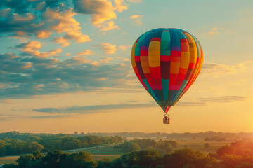 Fototapeta premium Hot Air Balloon Soaring Through a Colorful Sunrise