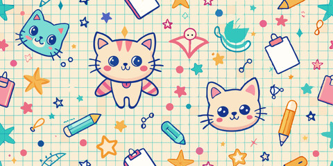 Kids doodle seamless pattern, vector back to school cartoon scribble texture, cute kitten, star. Children kindergarten hand drawn copybook sheet grid, funny colorful baby textile. Kids doodle print