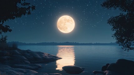 A full moon rises over a tranquil landscape, its bright light reflecting on a serene body of water.