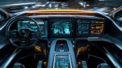 Obraz premium A futuristic dashboard with a heads-up display, showcasing navigation, speed, and environmental controls in a high-tech vehicle.