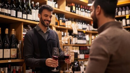 Expert Sommelier Assisting Customer with Best-Selling Wines Selection at Well-Stocked Wine Shop