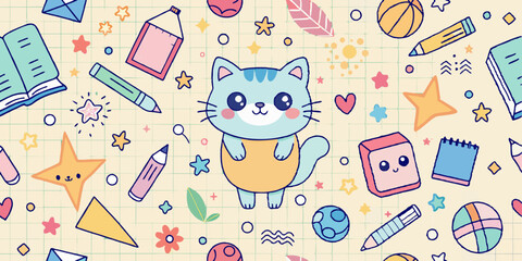 Kids doodle seamless pattern, vector back to school cartoon scribble texture, cute kitten, star. Children kindergarten hand drawn copybook sheet grid, funny colorful baby textile. Kids doodle print