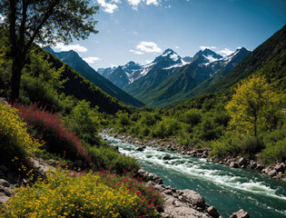 Obraz premium Serene Mountain Landscape With Flowing River Surrounded by Lush Greenery and Colorful Wildflowers in Daylight