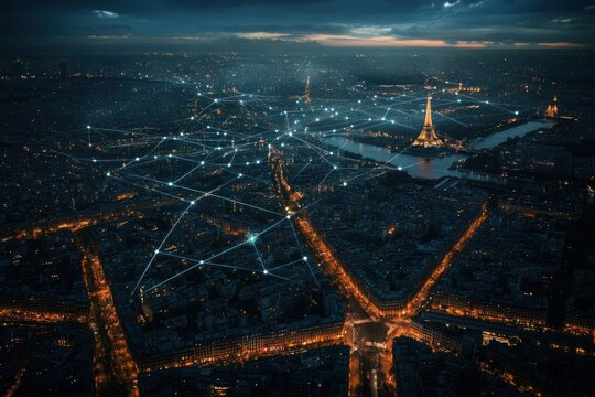 Paris Cityscape with Digital Network