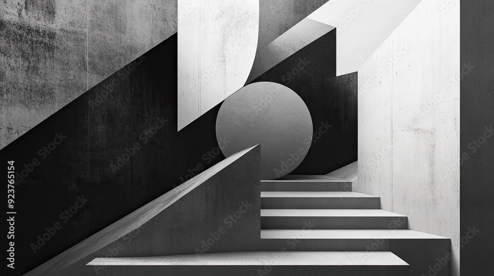 Poster a minimalist design featuring overlapping geometric shapes in a monochromatic palette, creating a se