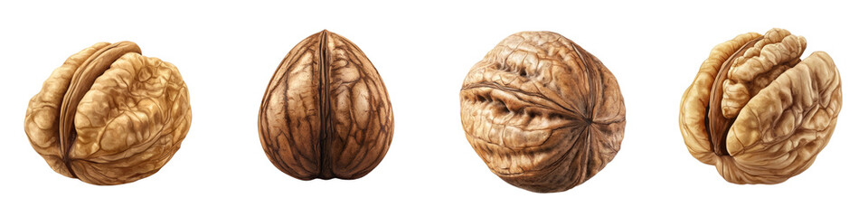 Obraz premium Four walnuts in different positions showcasing their unique texture and natural color, perfect for food-related projects.