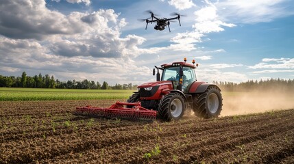 Fototapeta premium A modern tractor equipped with advanced technology, plowing a field, with a drone flying overhead capturing data.