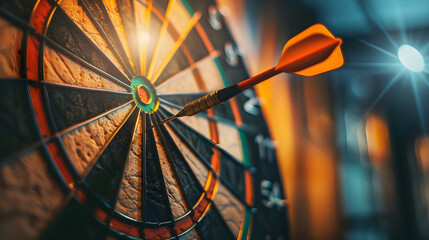 Close-up of a dart striking the bullseye on a brightly lit dartboard, symbolizing precision, focus, and achievement.