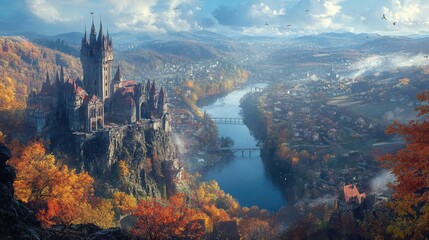 Fototapeta premium A panoramic shot of a cliffside castle overlooking a river valley, with the autumn colors of the surrounding forest in full display.