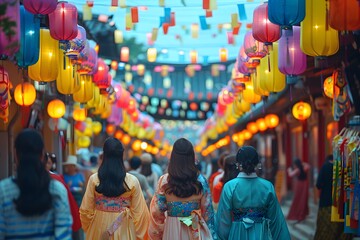 Fototapeta premium Beautiful North Korean Woman Dancing Among a Crowd During an Outdoor Festival. Dressed in Traditional Attire, Celebrating North Korean Culture Through Dance and Festivity. A Joyful Scene Reflecting Et