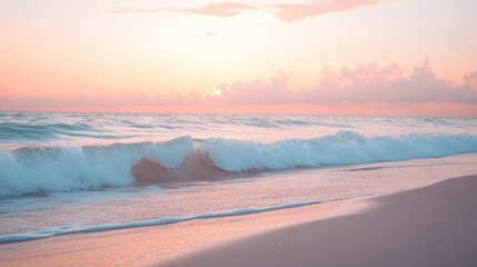 Fototapeta premium A serene sunrise over a Florida beach, with gentle waves lapping at the shore and the sky painted in soft hues of pink and orange.