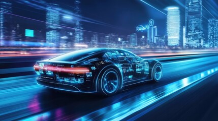 Obraz premium A sleek electric car driving through a modern city, with digital interface elements showing real-time data on speed and battery life.