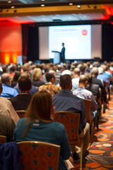 A large audience attentively listens to a speaker during a conference, with the speaker presenting on stage in the background.