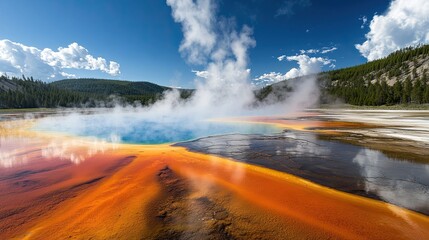 A stunning view of the Grand Prismatic Spring in Yellowstone National Park, with vibrant colors and steam rising into the sky.