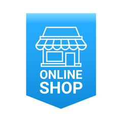 Online shop icon with store icon design on a blue background. Vector Illustration. 