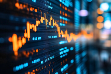 Financial Market Pulse: A captivating close-up of a stock market ticker displaying vibrant, real-time data, reflecting the dynamic and ever-changing nature of finance. 