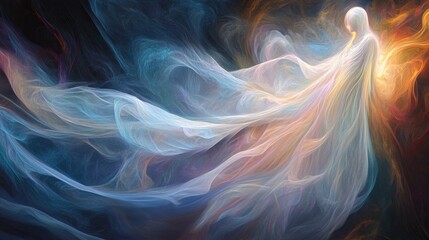 An abstract depiction of a spirit leaving the body, with flowing, translucent forms and gentle, radiant light.