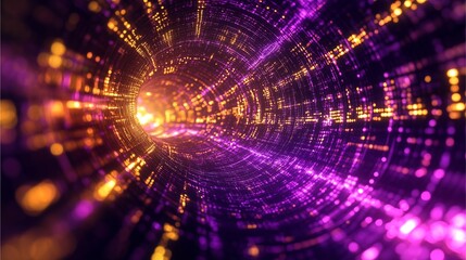 Obraz premium Tunnel of Light with Purple and Gold Digital Particles.