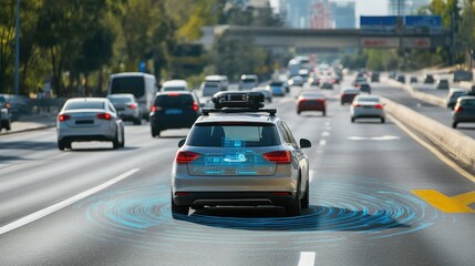 An autonomous car navigating through traffic, with sensors and cameras visible, representing cutting-edge automotive technology.