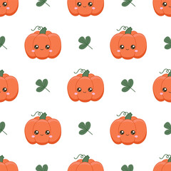 Harvest festival background. A ripe pumpkin with a cute face. Seamless pattern with kawaii vegetable character