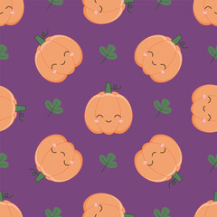 Harvest festival background. A ripe pumpkin with a cute face. Seamless pattern with kawaii vegetable character