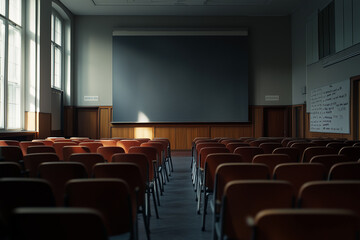 Empty classroom with projector screen and lecture chair. 