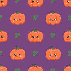Harvest festival background. A ripe pumpkin with a cute face. Seamless pattern with kawaii vegetable character