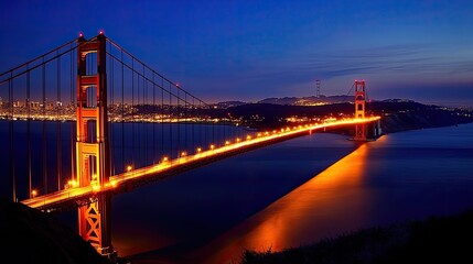Fototapeta premium The Golden Gate Bridge illuminated at night, with the lights reflecting off the water and the city glowing in the distance.