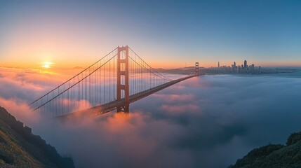 The iconic Golden Gate Bridge at sunrise, with the bridge shrouded in morning mist and the city skyline in the background.