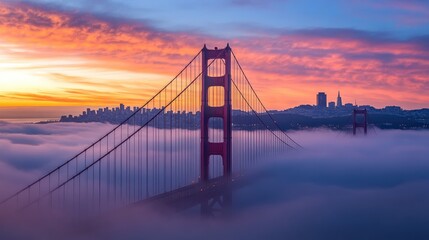 Fototapeta premium The iconic Golden Gate Bridge at sunrise, with the bridge shrouded in morning mist and the city skyline in the background.