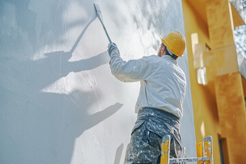 Painter paint the wall with paint brush, Worker coloring concept.