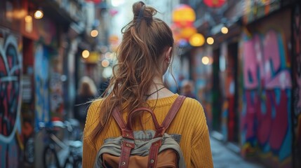 Obraz premium Urban Street Style: A teenage girl with a trendy outfit, walking down a graffiti-covered alley in the city. The urban setting highlights her confidence and modern sense of style. 