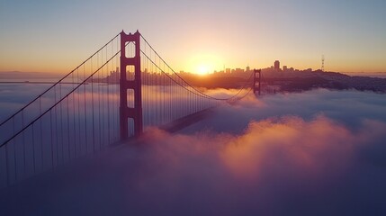 Obraz premium The iconic Golden Gate Bridge at sunrise, with the bridge shrouded in morning mist and the city skyline in the background.