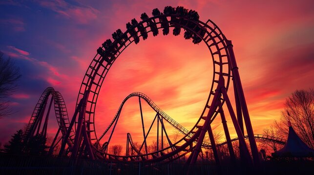 The silhouette of a roller coaster against a sunset sky, its looping tracks forming a dramatic outline.