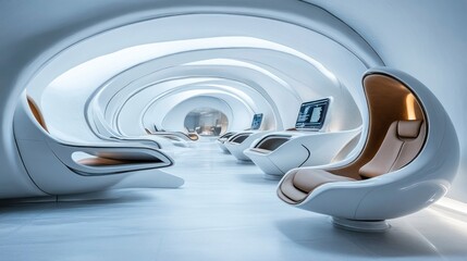 Futuristic White Interior with Curved Chairs and Monitors