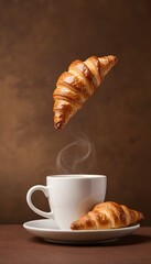 Levitating food. Crispy fresh croissants flying over coffee cup to go on brown background. Concept of food, bakery, breakfast ideas, taste, freshness. Poser. Copy space for ad. Ai generated image.
