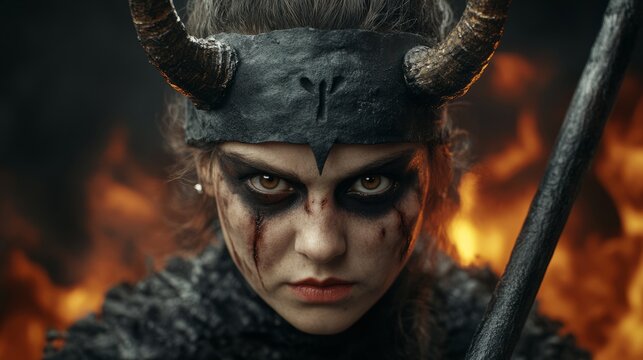 Fury of the Valkyries: A fierce female warrior, adorned with horns and war paint, stares defiantly amidst a raging inferno, her gaze unwavering. 