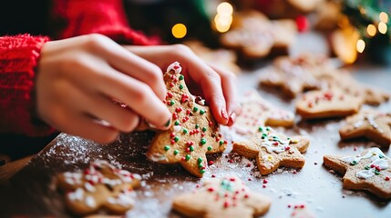 Baking festive gingerbread cookies with colorful decorations during the holiday season
